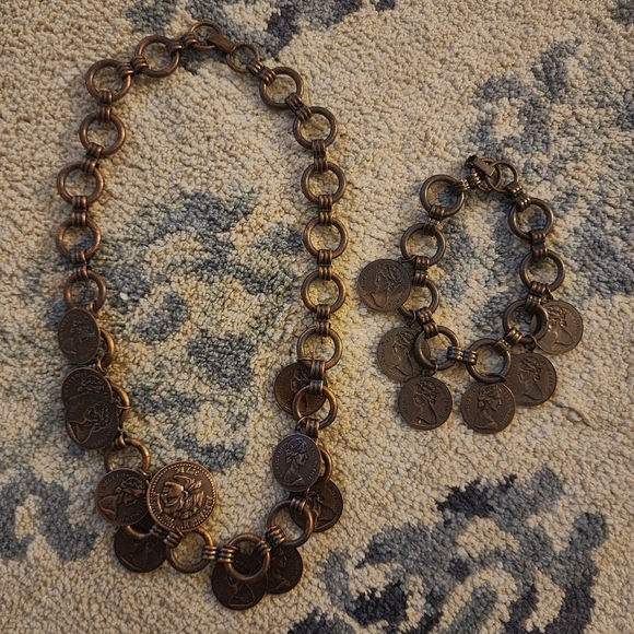 Vintage Copper Tone Foriegn Coin Charm Statement Necklace Bracelet Set Roman EUC - Picture 5 of 11
